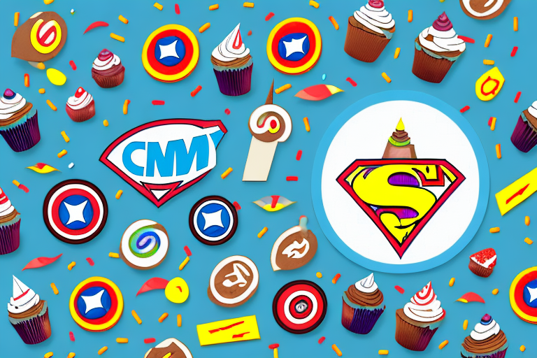 A decorated superhero birthday cake with edible logos
