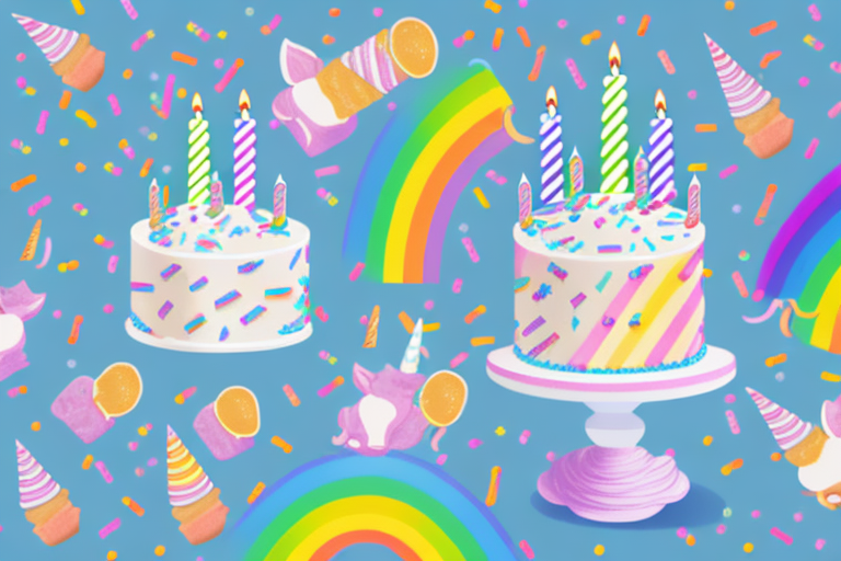 A unicorn-shaped birthday cake decorated with rainbow sprinkles