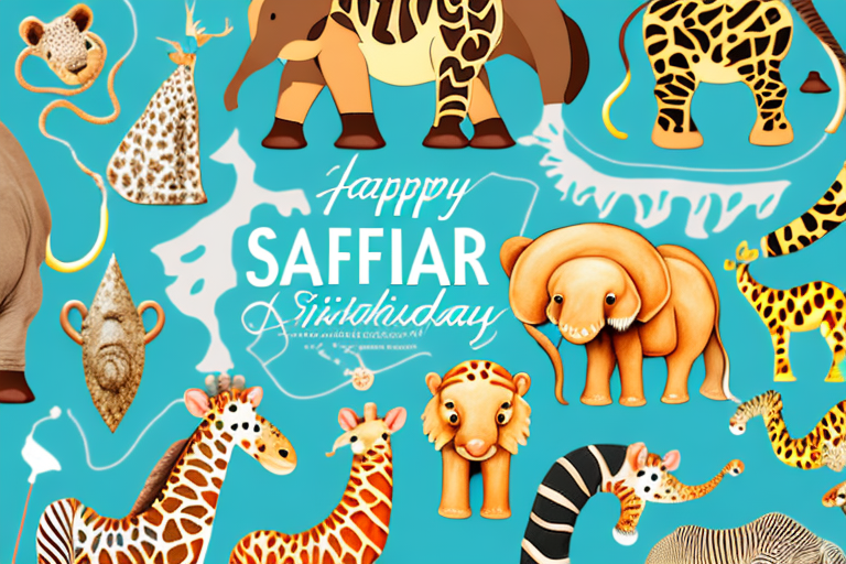 A decorated safari-themed birthday cake with animal figurines