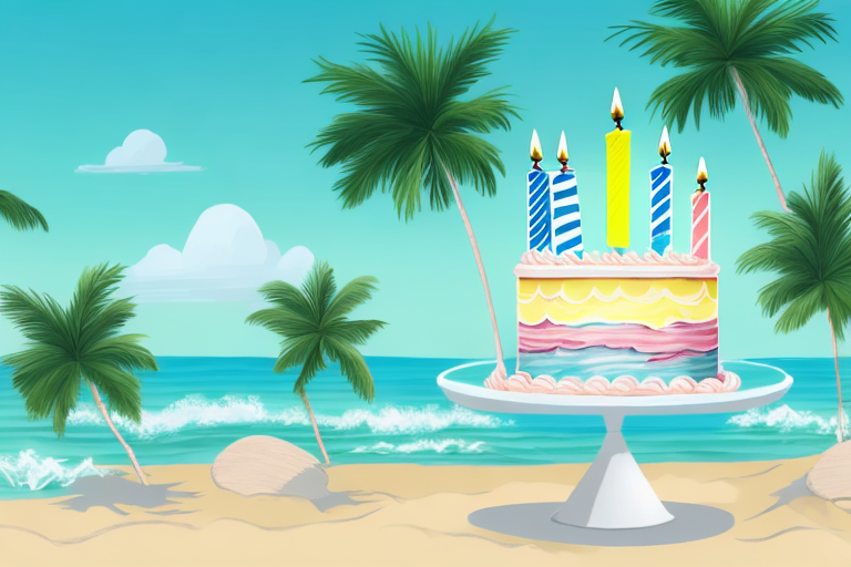 A beach-themed birthday cake decorated with edible palm trees