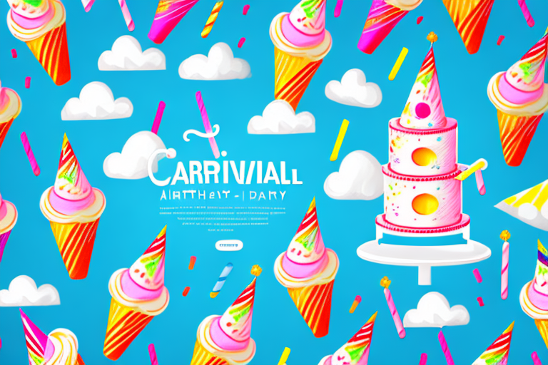 A carnival-themed birthday cake with colorful cotton candy clouds