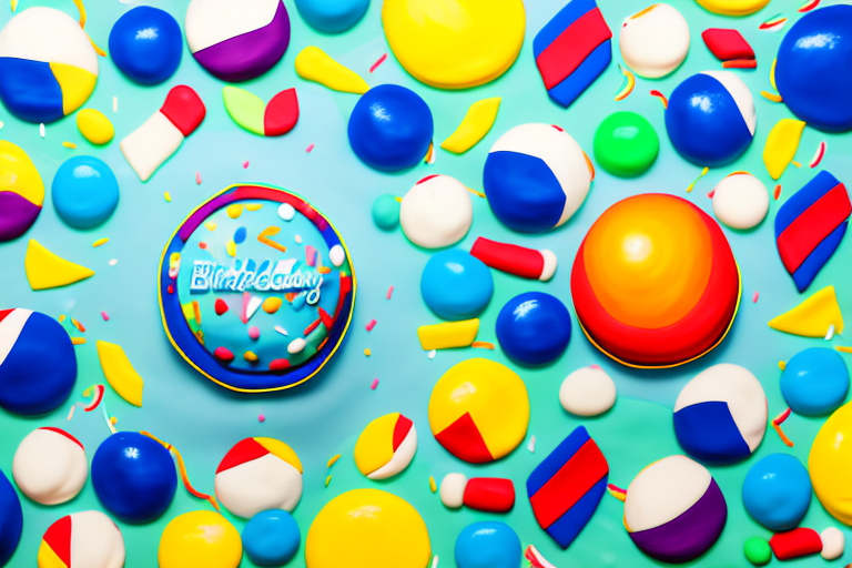 A beach ball-themed birthday cake decorated with vibrant fondant stripes