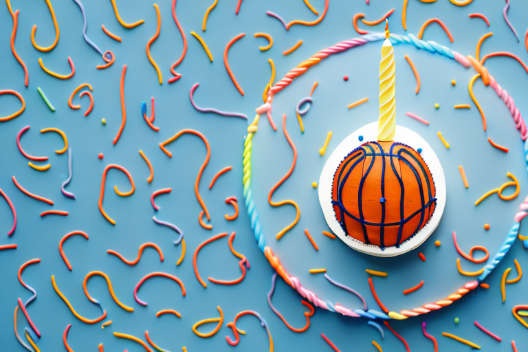 A birthday cake decorated with edible basketball hoops