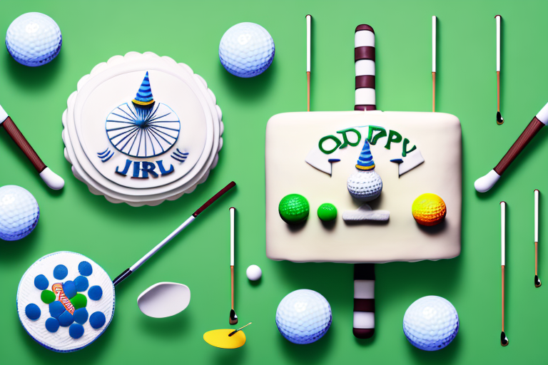 A decorated golf-themed birthday cake with fondant golf clubs