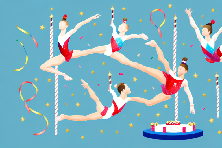A decorated gymnastics-themed birthday cake with edible gymnast figurines