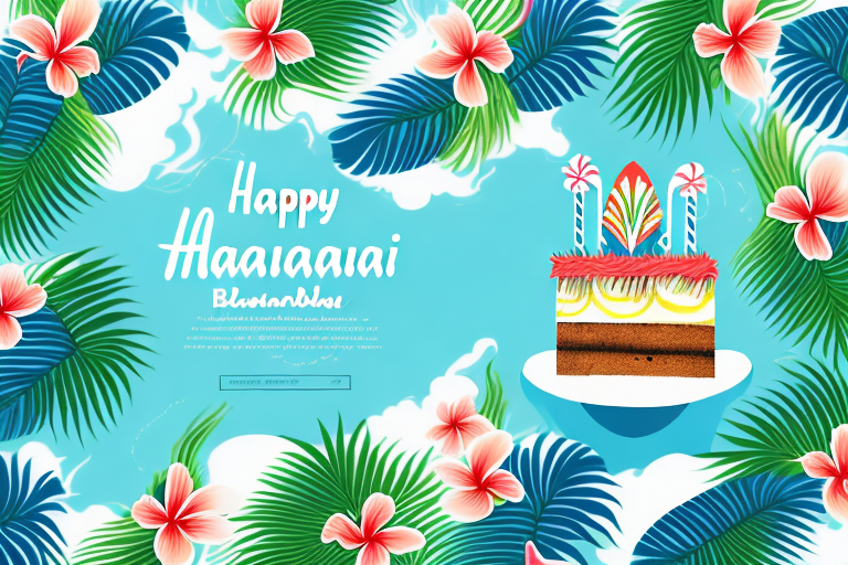 A decorated hawaiian-themed birthday cake with edible surfboards