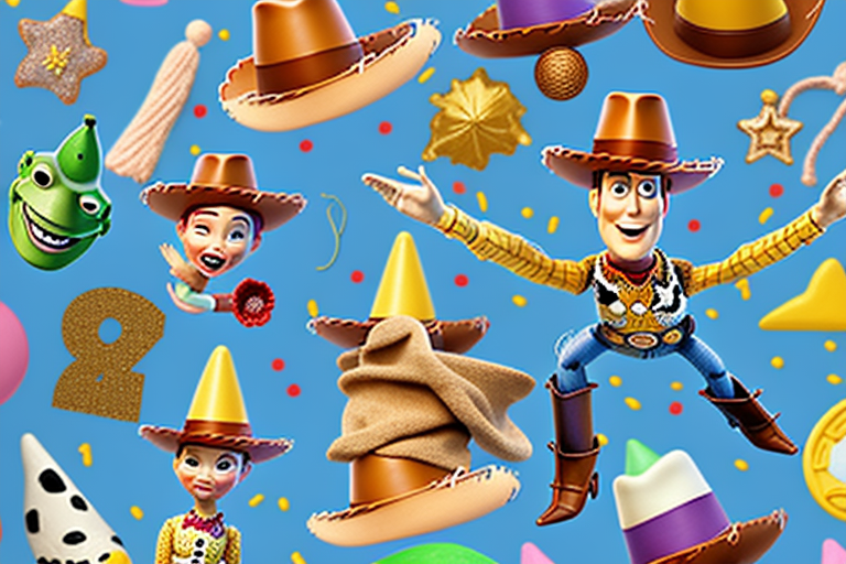 A decorated toy story-themed birthday cake with edible cowboy hats