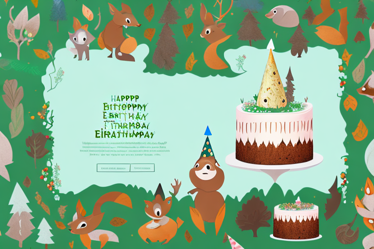 An enchanted forest-themed birthday cake with edible woodland creatures decorating it