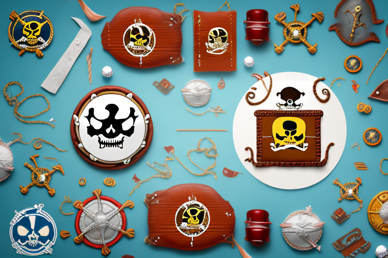 A pirate-themed cake with decorations such as a treasure chest