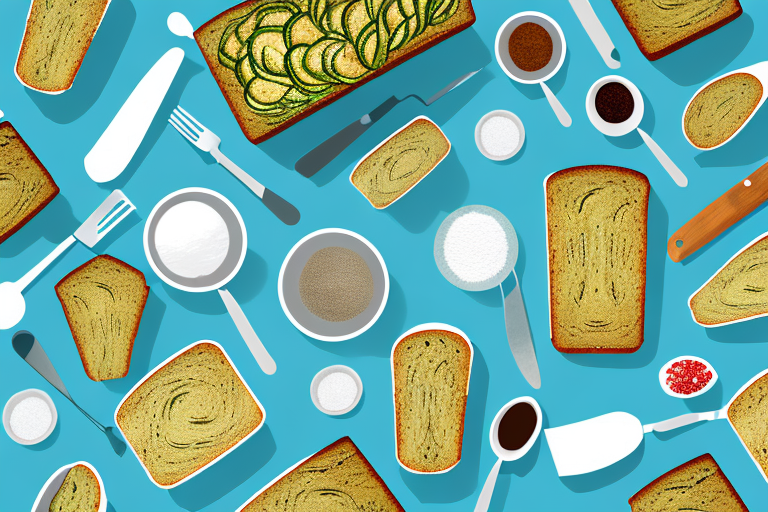 A loaf of zucchini bread with ingredients and utensils
