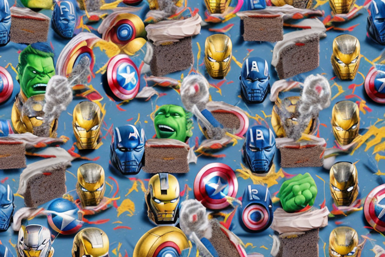 A colorful and creative cake decorated with avengers-themed decorations