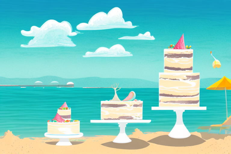 A beach scene with a cake in the foreground