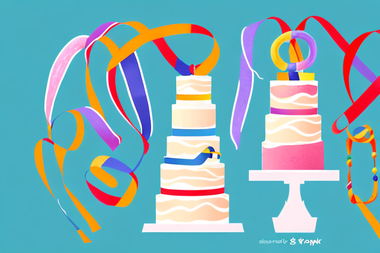 A colorful gymnastics-themed cake with decorations such as ribbons