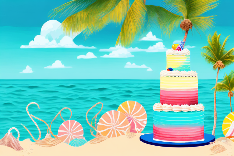 A beach-themed cake with colorful decorations and a beachy backdrop