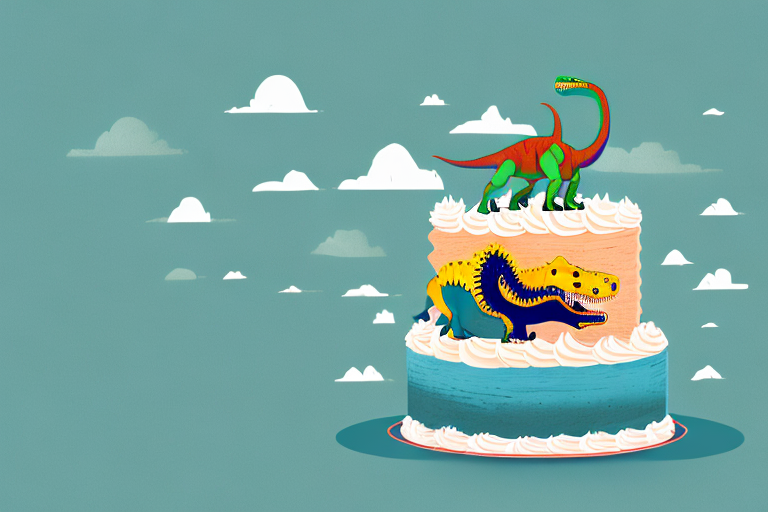 A dinosaur-shaped cake with a jurassic park theme