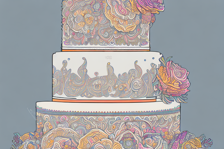A multi-tiered wedding cake with intricate decorations and a variety of colors