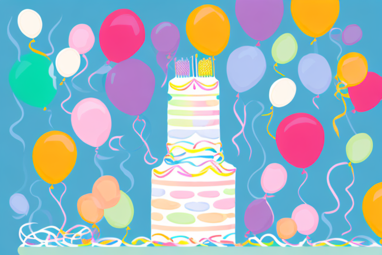 A multi-tiered baby shower cake decorated with colorful balloons and ribbons