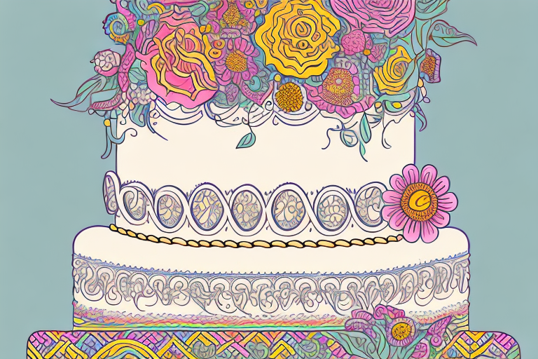 A three-tiered cake with intricate decorations and a variety of colorful flowers
