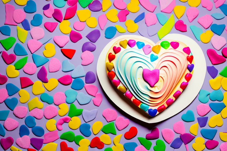 A heart-shaped cake decorated with colorful frosting and sprinkles