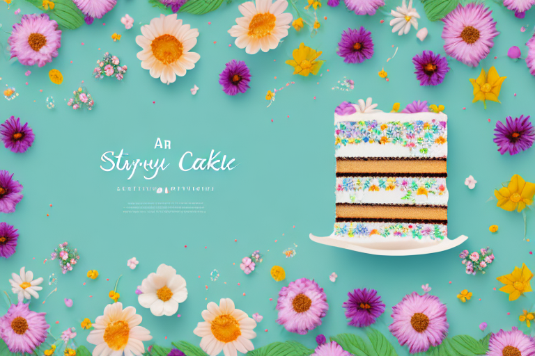A delicious-looking cake decorated with flowers and other spring-themed decorations