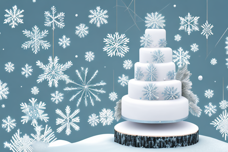 A multi-tiered wedding cake decorated with winter-themed elements